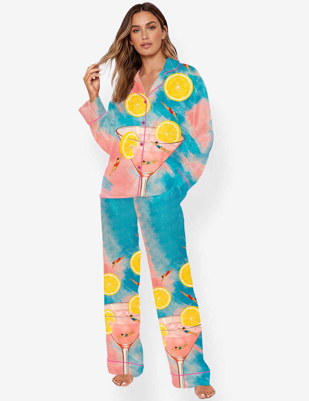Women’s Swimmers In Cocktail Glass Martini Summer Lemon Long Sleeve Satin Pajama Set